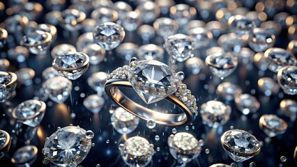 A ring surrounded by falling diamonds under a spotlight