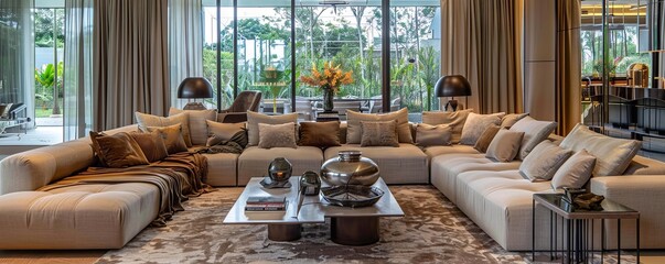 Fototapeta premium Chic living room with plush sofas and high-end finishes.