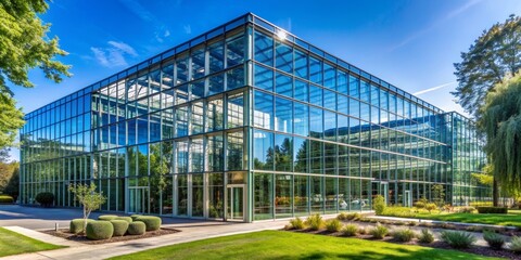 Obraz premium Modern Glass Office Building with Blue Sky and Greenery, architecture, commercial, office, facade