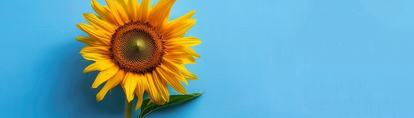 Obraz premium Bright sunflower on a vibrant blue background, perfect for summer themes, floral designs, and cheerful decor or digital projects.
