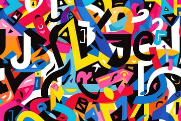 seamless background pattern, with tiangles, letter, alphabetic character, paint strokes and splashes