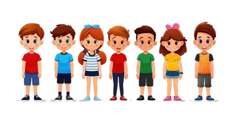 Set of Cartoon Kids Standing in a Row with Different Outfits and Smiling Faces on PNG Cutout Background
