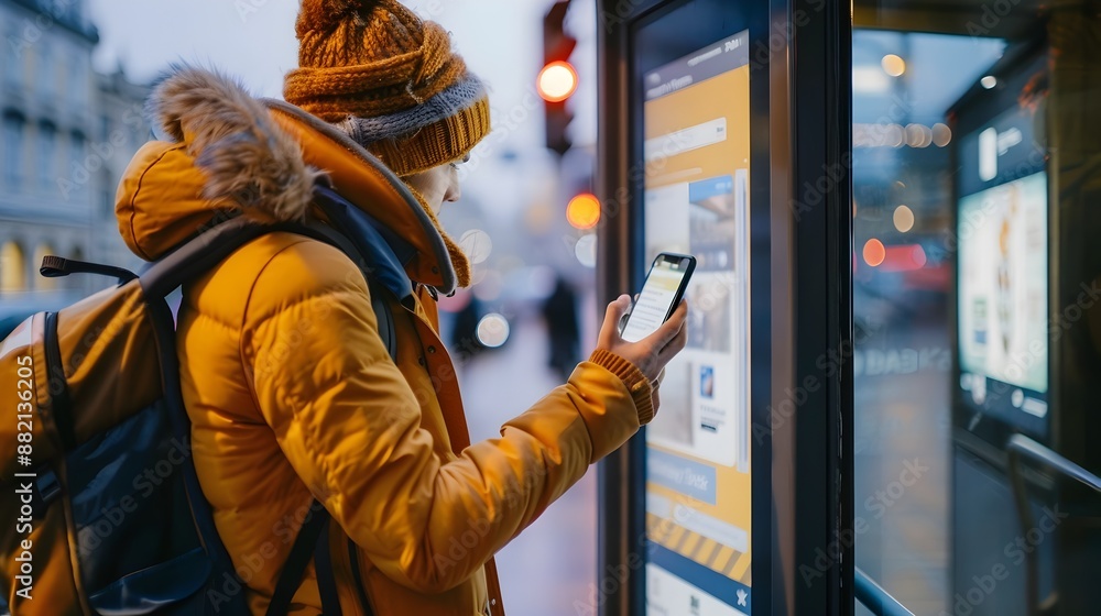 Aufkleber commuter using public transit app at bus stop for convenient digital mobility