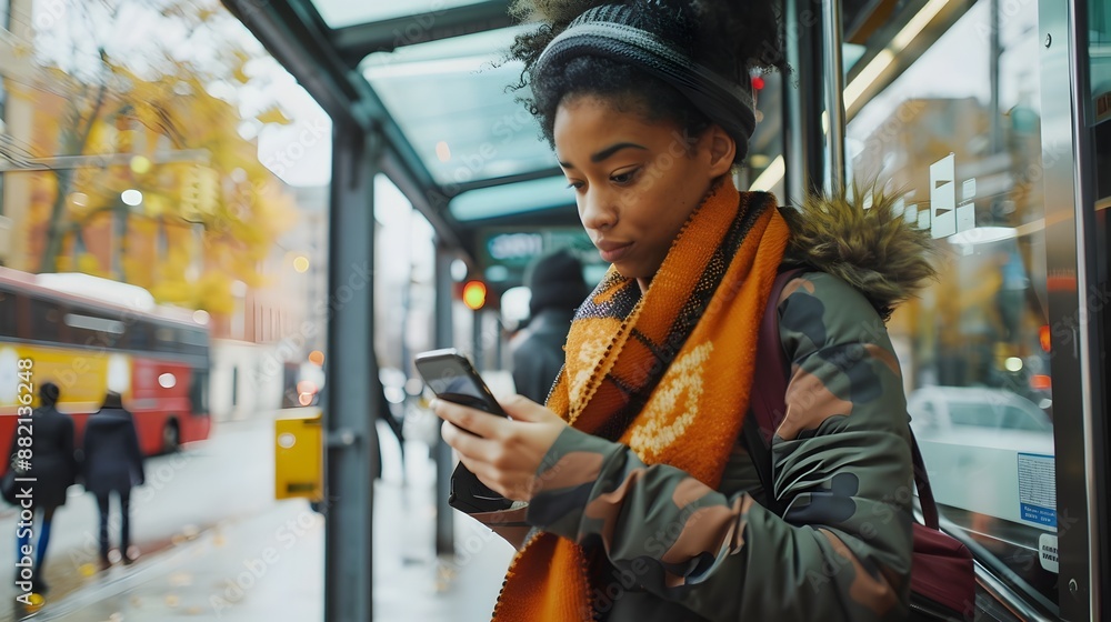 Poster commuter accessing public transit app at bus stop for digital convenience