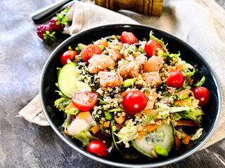 Salmon salad Gourmet cereals Cooked soy beans Cucumber Carrots