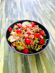 Salmon salad Gourmet cereals Cooked soy beans Cucumber Carrots