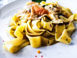 Pasta with Shrimps Dinner Dish on a the table
