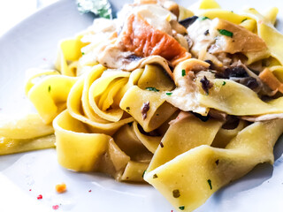 Pasta with Shrimps Dinner Dish on a the table