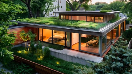Obraz premium Eco-Friendly Green Roofed Home With Sustainable Architecture Design