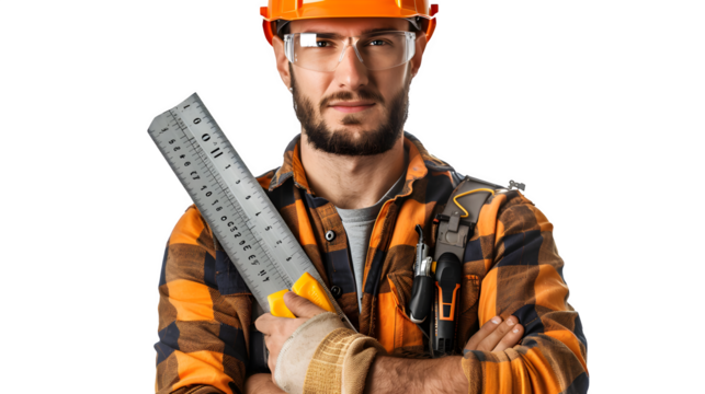Carpenter with tools, Labor Day tribute to woodworking craft, skilled carpentry at work, png file, isolated on white