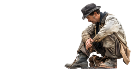 Cobbler repairing shoes, Labor Day homage to skilled shoemaking, traditional craftsmanship in action, png file, isolated on white