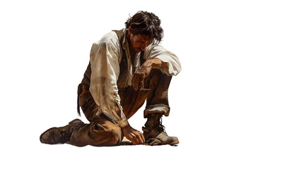 Cobbler repairing shoes, Labor Day homage to skilled shoemaking, traditional craftsmanship in action, png file, isolated on white