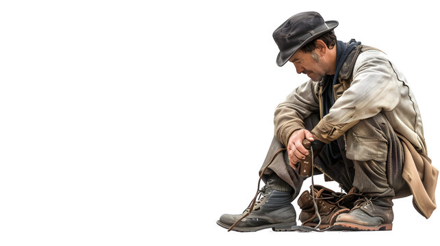 Cobbler repairing shoes, Labor Day homage to skilled shoemaking, traditional craftsmanship in action, png file, isolated on white