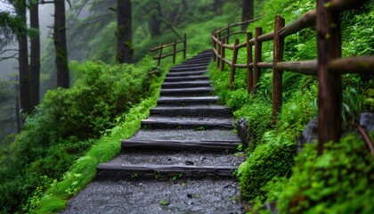 Embark on an Unpredictable Journey Through the Enchanted Forest A Winding Stone Path Leads Upward, Surrounded by Lush Greenery and Whispers of Adventure