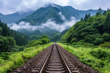 Fototapeta premium Embark on an Enchanting Journey Along a Magical Railway Track Winding Through Lush Mountains, a Scenic Trip Through Nature's Wonderland, Experience the Charm of a Tranquil Railway Adventure, Discover