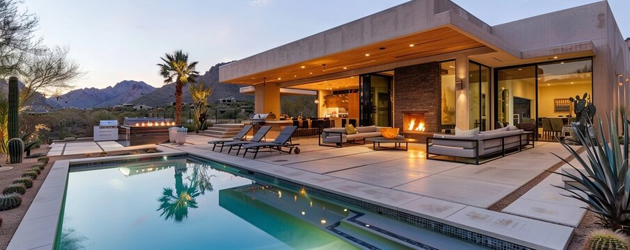 Contemporary desert retreat with a pool and fire pit.