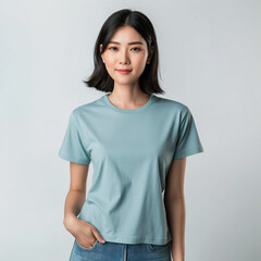 Blue t-shirt mockup showing the front of an Asian female model. ai generates images
