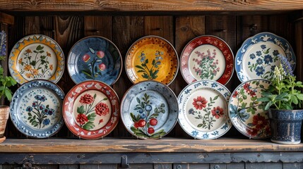Rustic Display of Hand-Painted Ceramic Plates with Floral Patterns on Wooden Shelves
