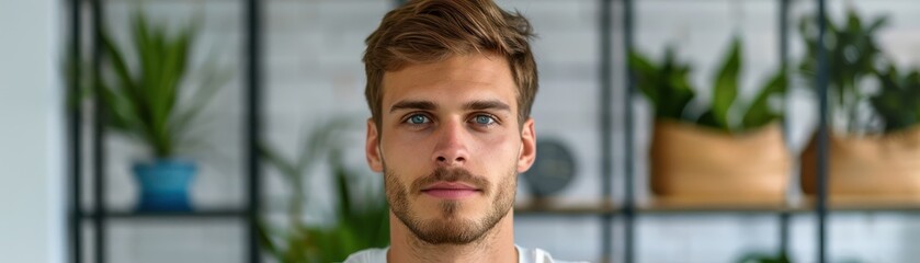 Obraz premium Handsome Young Man with Blue Eyes Looking at Camera, Portrait of Attractive Male Model, Youthful Face, Smiling Expression, Closeup Shot, Confident Male, Studio Portrait, Professional Photography, Man