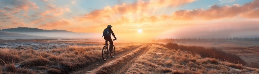 Obraz premium Male Cyclist Riding Through a Misty Dawn Landscape on His Bike, Early Morning Cycling Adventure with Golden Sunlight
