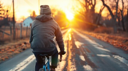 Man Cycling at Dawn on a Country Road, Early Morning Bike Ride with Golden Sunlight, Sunrise Biking Adventure