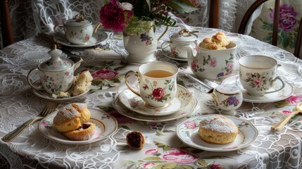 Elegant Vintage Tea Party with Floral China, Lace Tablecloth, and Assorted Pastries