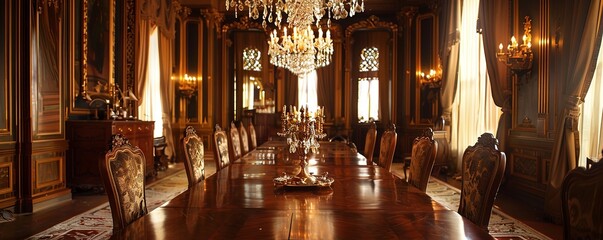 Ornate dining room with rich wood furniture and a crystal chandelier.