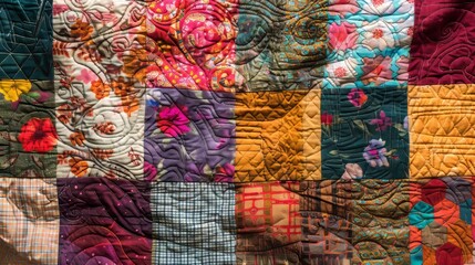 Vibrant Patchwork Quilt Background with Colorful Fabric Squares and Intricate Stitching Patterns