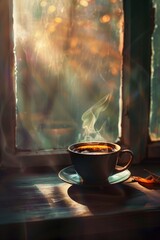 A steaming cup of coffee sits on a wooden table by a window, with a warm autumn atmosphere and golden light filtering in.