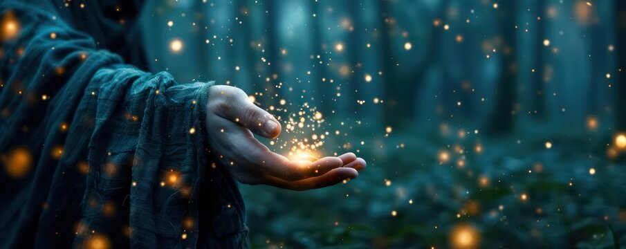 Mystical Forest Sorcerer Casting Magic Spell, Enchanted Woods, Fantasy Art, Imaginary World, Wizardry and Sorcery, Magical Nature, Sparkling Dust, Enchantment, Fairy Tale, Dreamlike Atmosphere, Dark