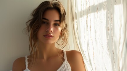 Fototapeta premium Young beautiful woman, captured with soft lighting and a light background