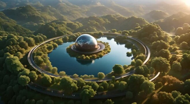 Future large, circular park with a pond in the center. The park is surrounded by trees and has a circular building in the middle. The park is a peaceful and serene place to relax and enjoy nature