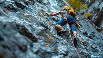 An avid climber ascends a steep rock face equipped with safety gear, showcasing determination and the thrill of extreme sports.