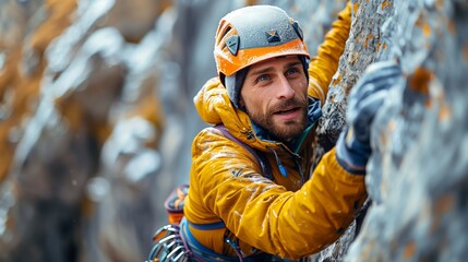 An avid climber ascends a steep rock face equipped with safety gear, showcasing determination and the thrill of extreme sports.