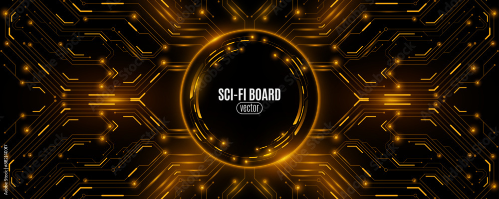 Poster futuristic sci-fi banner with glowing circuit board. hi-tech cpu panel with hud circle. modern techn