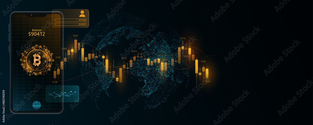 Poster bitcoin cryptocurrency on a smartphone screen with price analytics and fingerprint user interface. v
