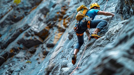 An avid climber ascends a steep rock face equipped with safety gear, showcasing determination and the thrill of extreme sports.