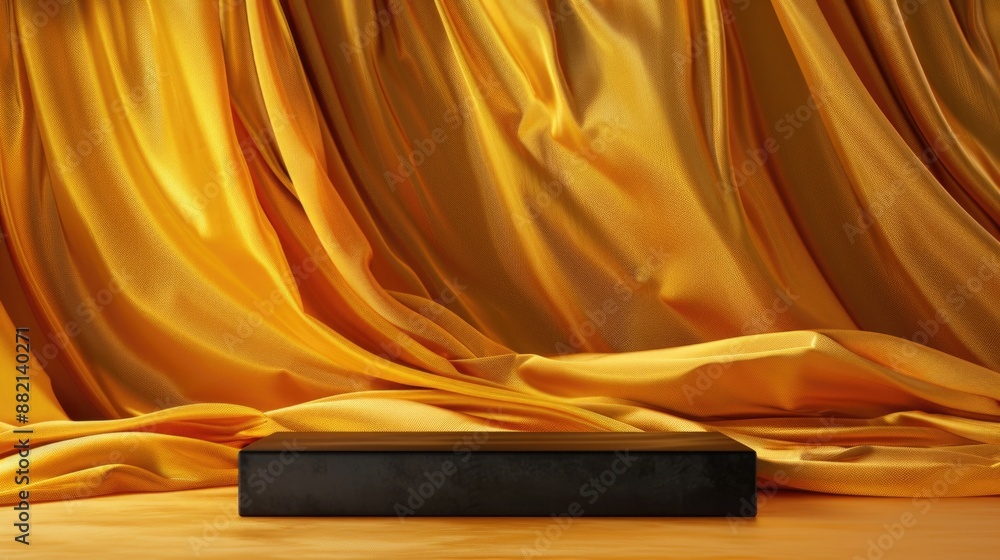 Poster a black box sits atop a wooden table, with a simple and minimalistic design