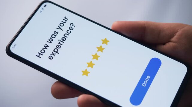 Giving five star rating review online. Excellent customer experience evaluation. Fictional Interface.