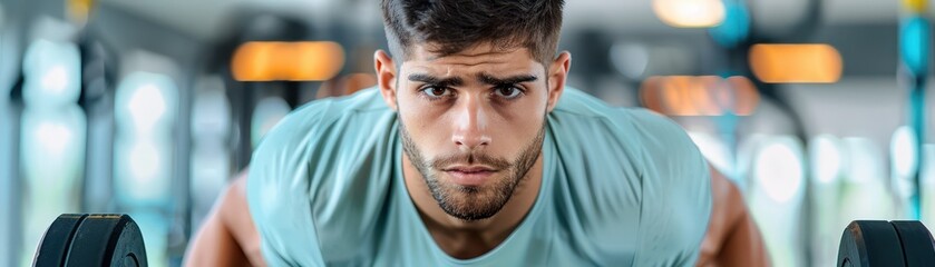 Fototapeta premium Young Man Lifting Weights at the Gym, Build Muscle and Strength with Effective Exercise Routine for Youthful Fitness