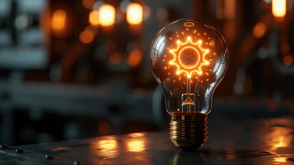 Concept of Industrial Innovation: A glowing gear inside a lightbulb on a dark background
