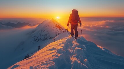 Obraz premium A lone climber, dressed in red and black mountaineering gear, ascends a narrow snowy ridge against a breathtaking sunset backdrop.