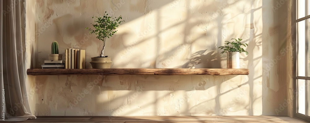Poster rustic living room with an empty floating shelf.