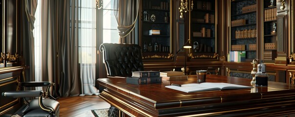 Grand office with an empty ebony document tray.