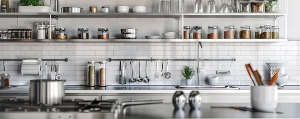 High-end kitchen with an empty silver spice rack. © peppastocker