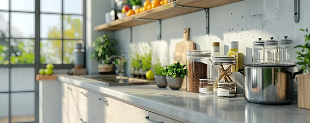 Upscale kitchen with an empty marble spice rack. © peppastocker