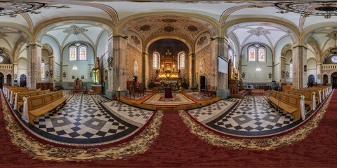 spherical seamless hdri 360 panorama near altar inside of catholic church, architectural monument...