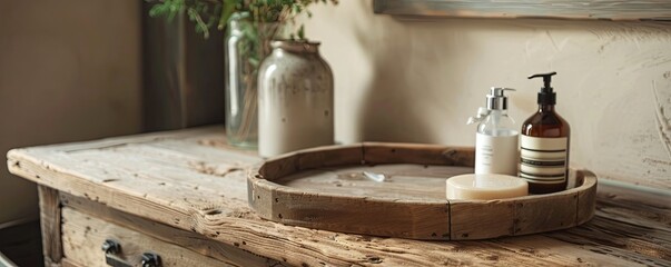 Rustic bathroom with an empty wooden tray.