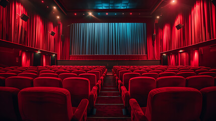 Fototapeta premium Elegant cinema hall featuring rich red velvet curtains and matching red seating, creating a luxurious and classic ambiance for moviegoers. Ideal for capturing the essence of vintage cinema experiences