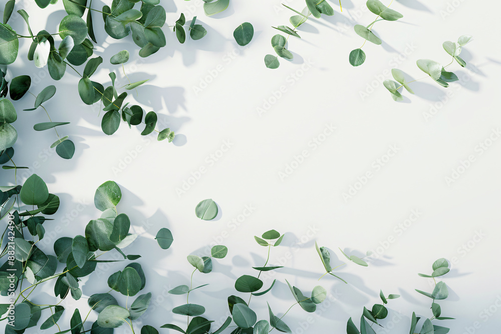 Poster eucalyptus leaves frame a white background with copy space for text in a banner template. a close up
